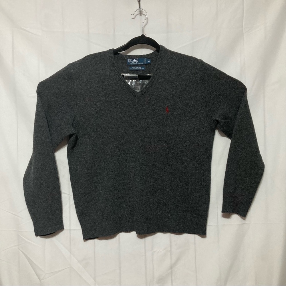 Polo Ralph Lauren Sweater Mens M Lambswool Gray V-Neck Long Sleeve